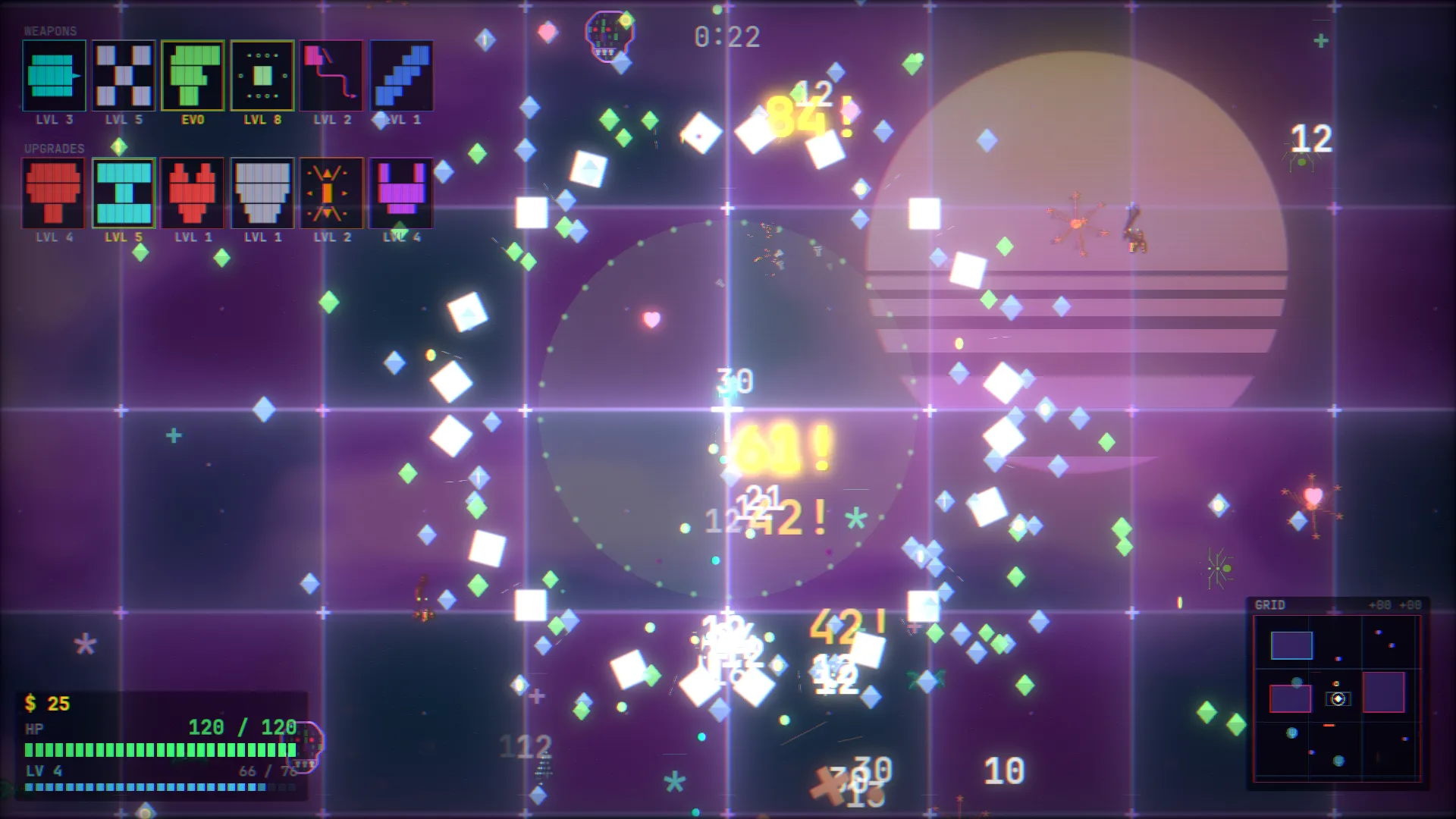 Kern Panic gameplay: the pilot at the center of a horde of neon glyphs over a synthwave grid, with the sun in the background
