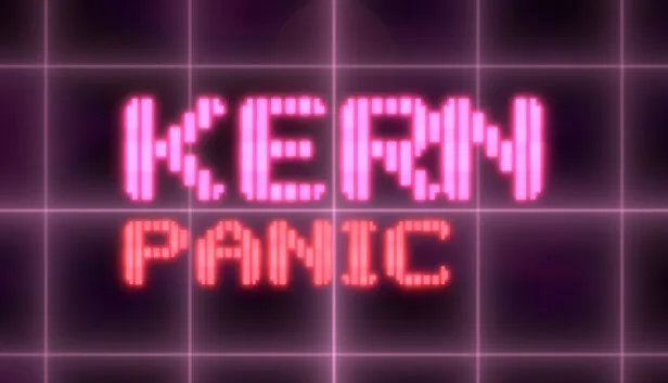 Kern Panic Steam capsule: neon pixel letters over a dark synthwave grid
